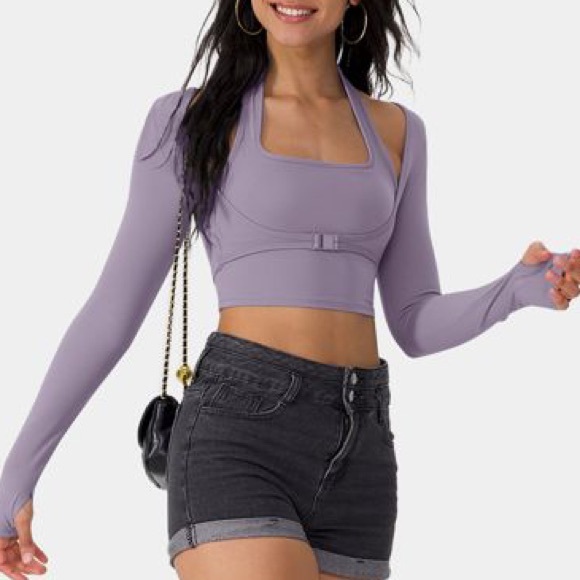 NWT Halara 2-in-1 Sport Cropped Halter Clip Front Long Sleeve w/ Thumb Hole - Picture 5 of 8